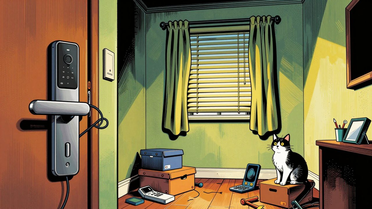 Ilustración de un pasillo domótico caótico con una cerradura a medio instalar, persianas atascadas y un gato confundido entre cajas de cacharros
