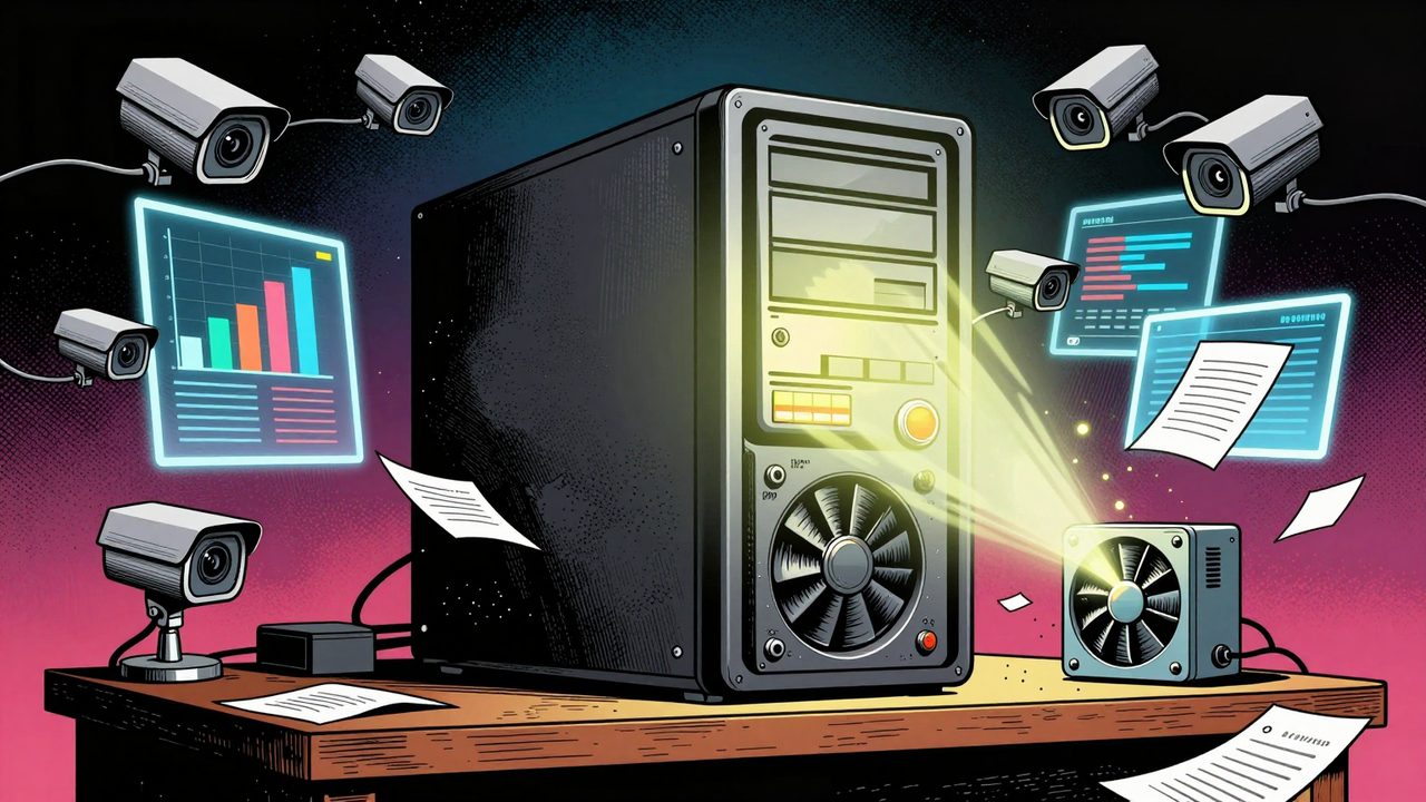 Ilustración de un ordenador de oficina reutilizado como servidor rodeado de cámaras y gráficas, junto a un mini PC con el ventilador a tope