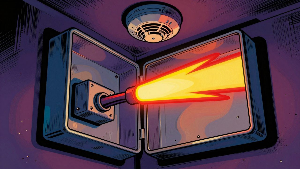 Ilustración de una caja de registro vista con cámara térmica, con un punto caliente brillante y un detector de humo en el techo