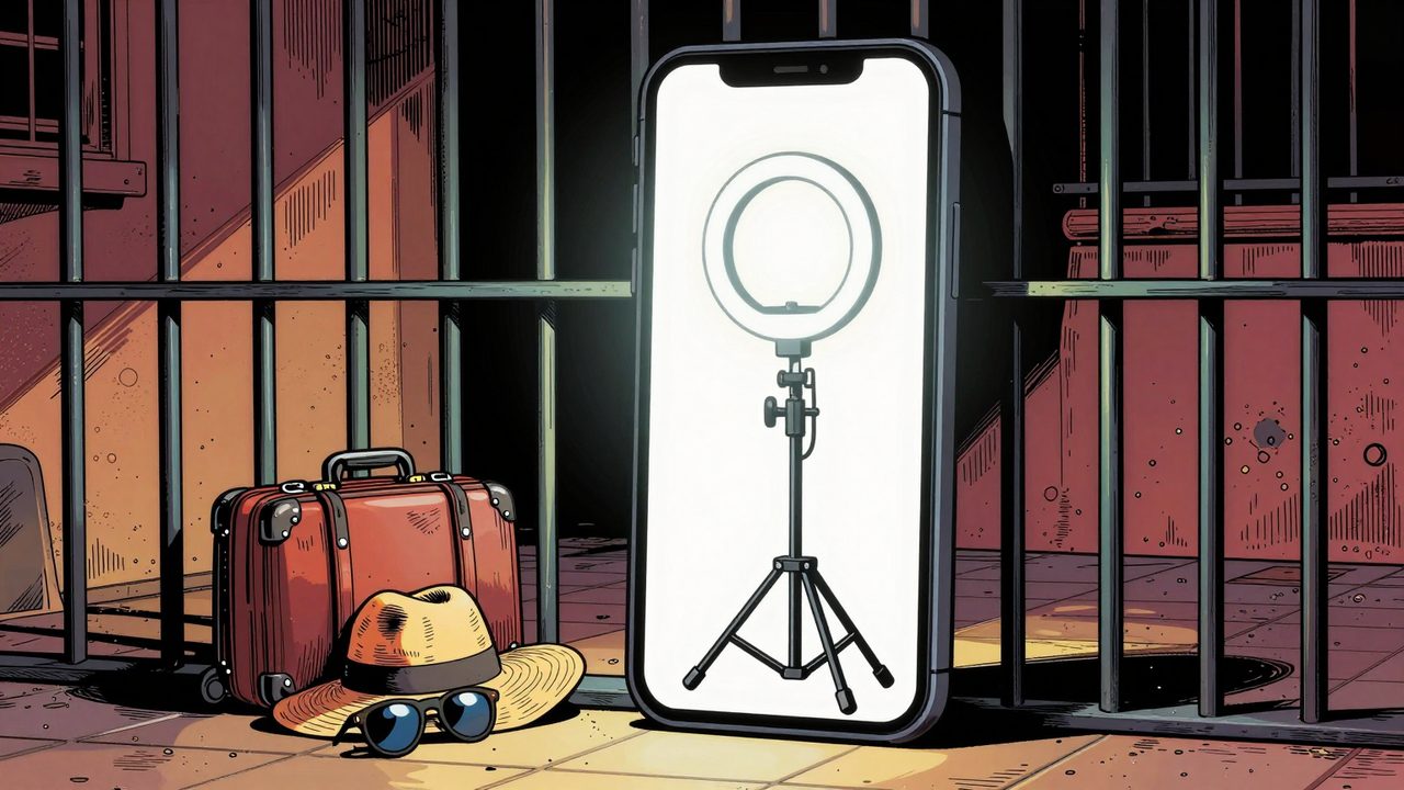 Ilustración de un móvil vertical convertido en celda con un aro de luz y un trípode encerrados, y una maleta de vacaciones esperando fuera