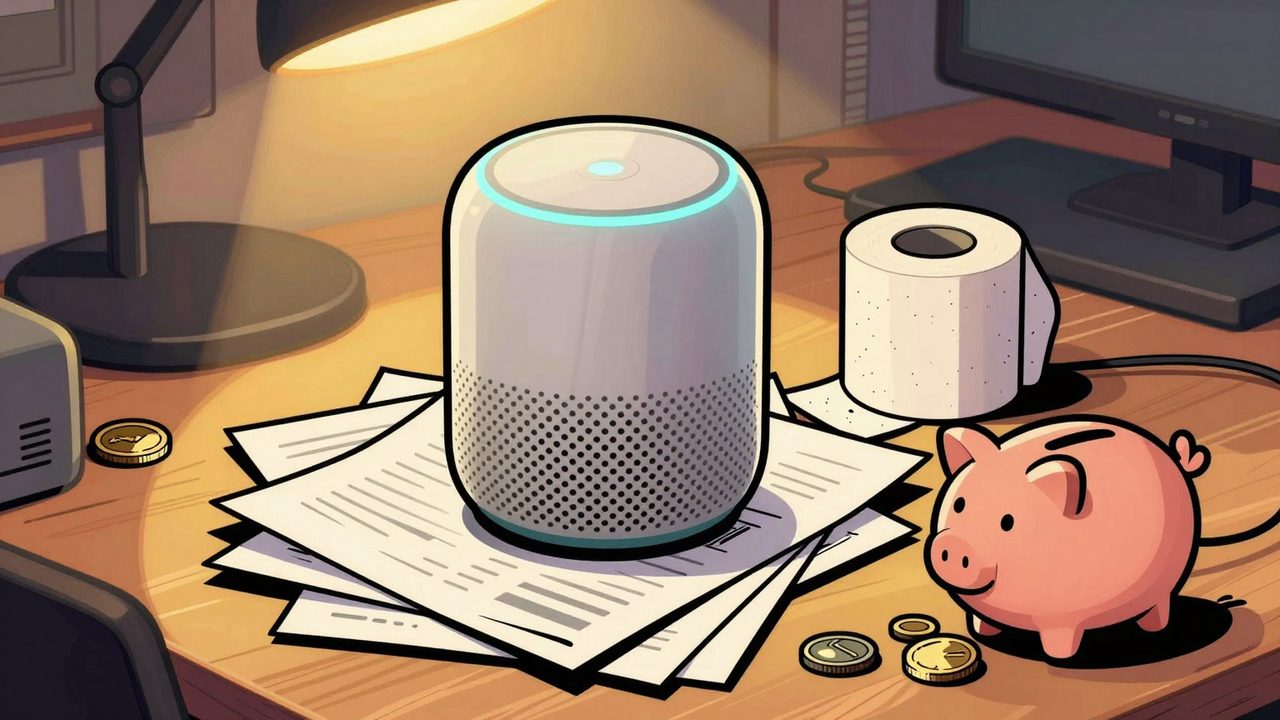 Ilustración de un altavoz inteligente usado como pisapapeles junto a un rollo de papel higiénico y una hucha vacía
