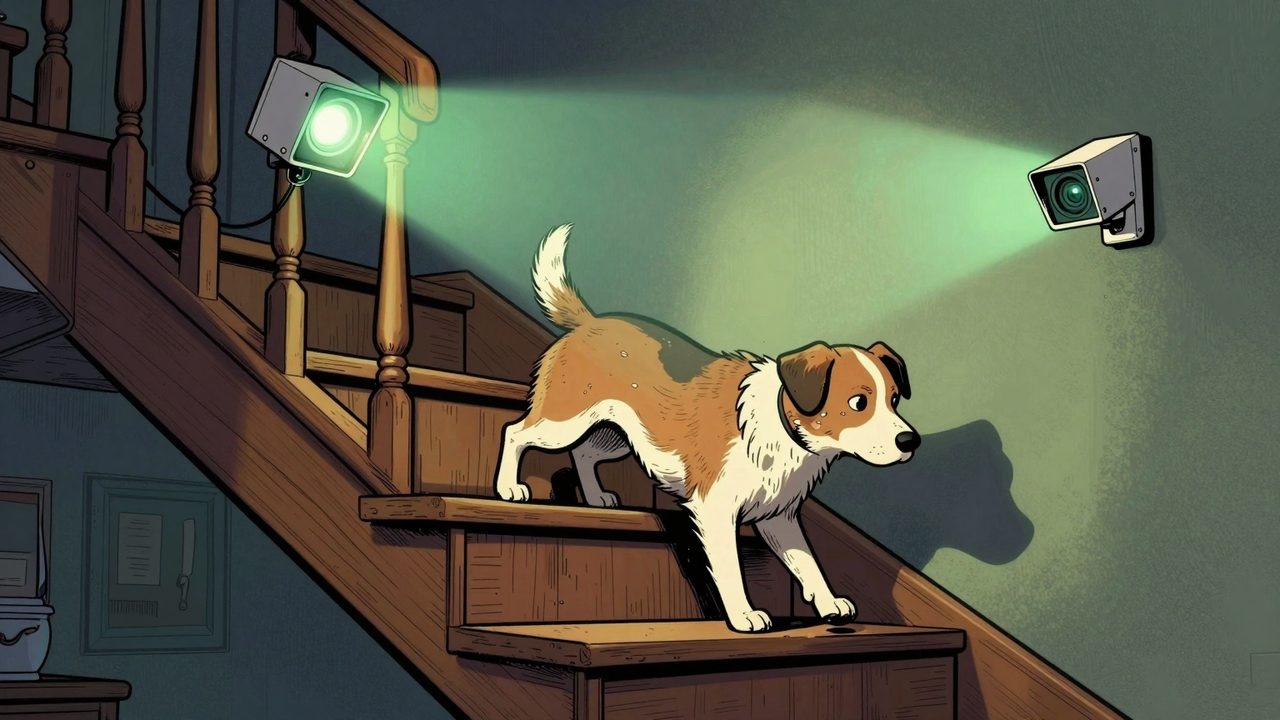 Ilustración de un perro bajando las escaleras de noche mientras una cámara de seguridad lo detecta con un recuadro luminoso