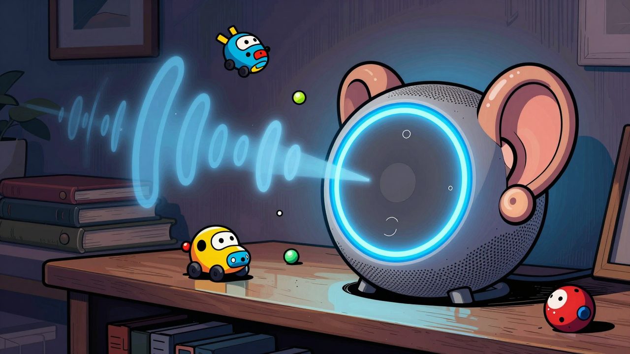 Ilustración de un altavoz inteligente con una enorme oreja que capta las ondas de sonido de un salón lleno de juguetes