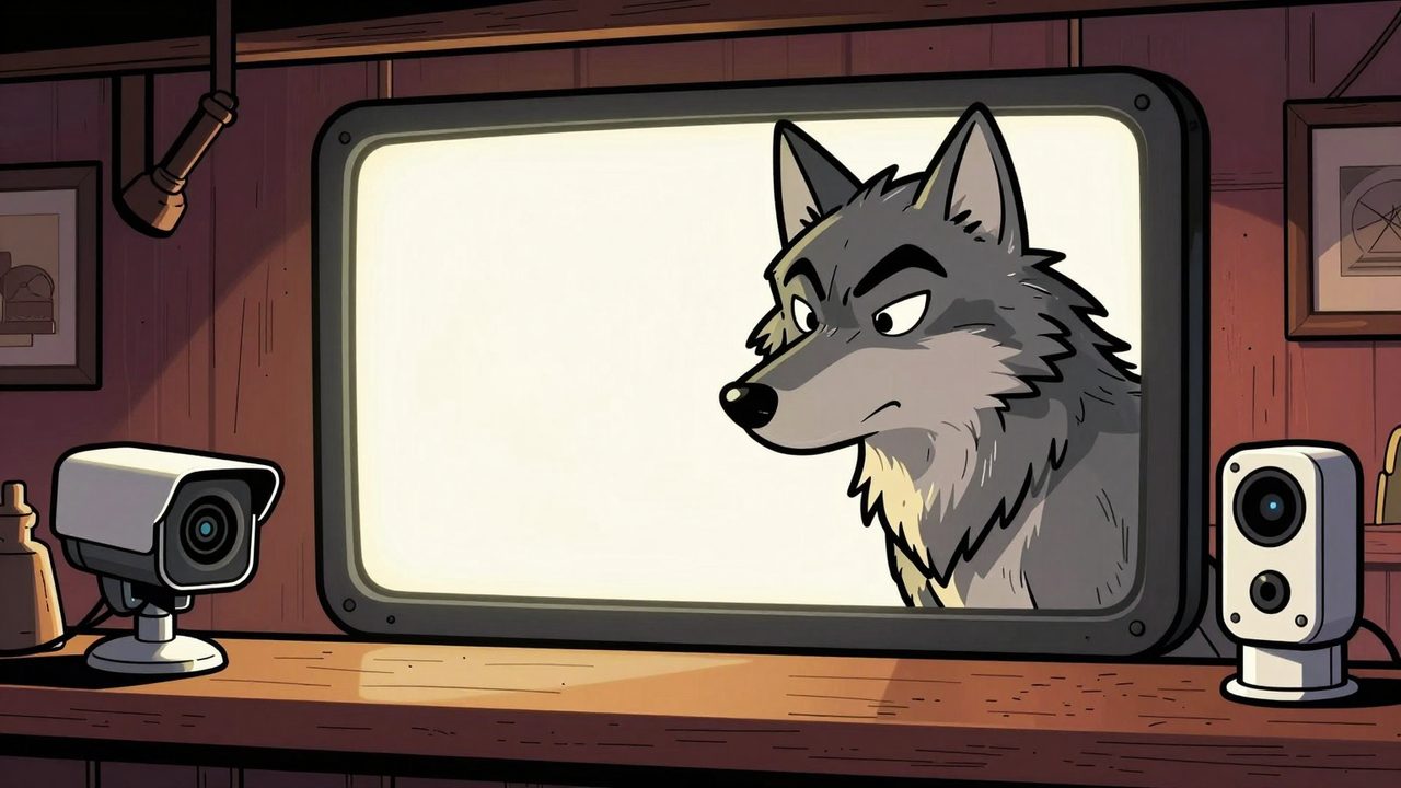 Ilustración de un lobo que se asoma detrás de una enorme miniatura de vídeo luminosa en un bar, con una cámara de seguridad y un telefonillo como cebo sobre la barra
