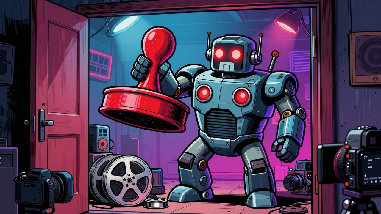 Ilustración de un enorme robot portero de ojos rojos que bloquea la puerta de un pequeño estudio de vídeo y está a punto de estampar un sello sobre unas bobinas y unas cámaras