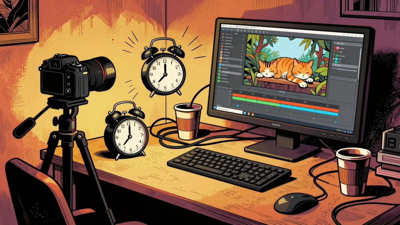 Ilustración de un escritorio caótico al amanecer con un despertador frenético, una cámara, cables y tazas de café vacías, junto a un gato dormido al lado de un monitor con un vídeo terminado