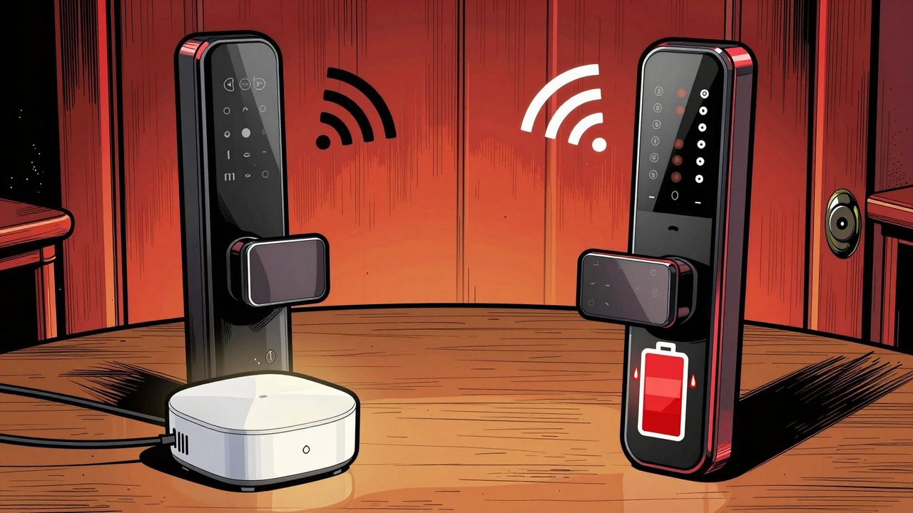 Ilustración de dos cerraduras inteligentes enfrentadas como boxeadores, una conectada a un pequeño hub y otra emitiendo ondas wifi con la batería casi agotada