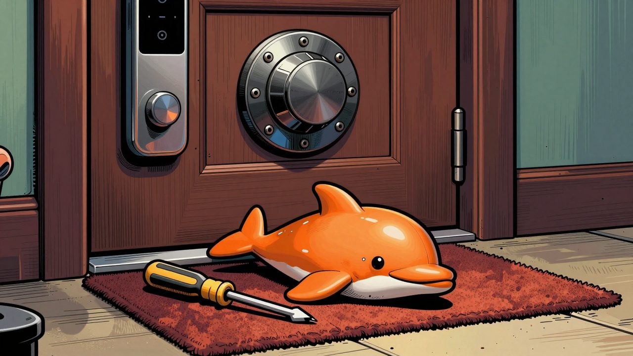 Ilustración de un pequeño gadget naranja y un destornillador derrotados ante una puerta blindada con cerradura inteligente y escudo protector