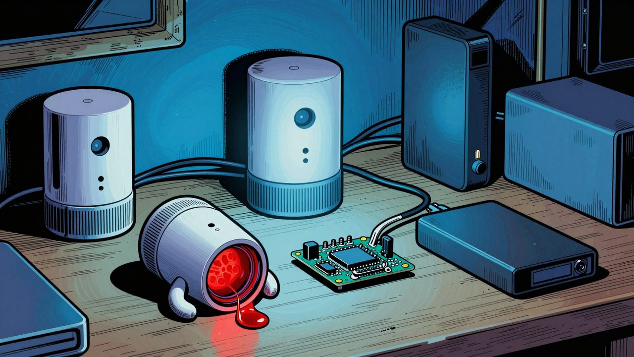 Ilustración de una mesa de trabajo nocturna llena de pequeños sensores inalámbricos, uno de ellos agotado y sin batería, vigilados por un miniordenador y un disco de copias de seguridad