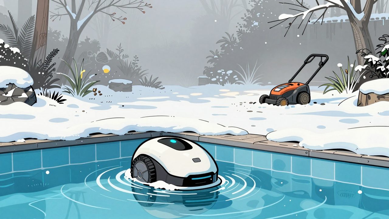 Ilustración de un robot limpiapiscinas en una piscina nevada en invierno y un pequeño robot cortacésped perdido en un jardín enorme