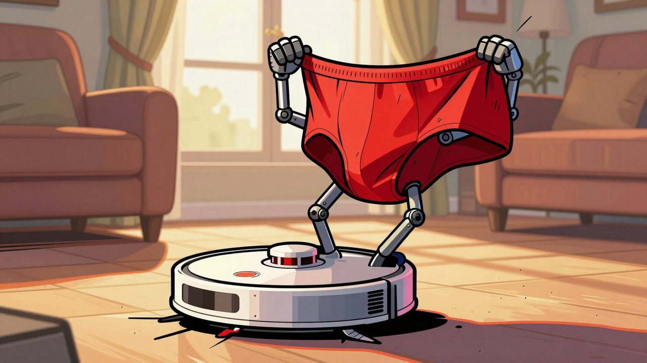 Ilustración de un robot aspirador con brazo mecánico que pasea unos calzoncillos rojos por el salón como si fueran un capote de torero