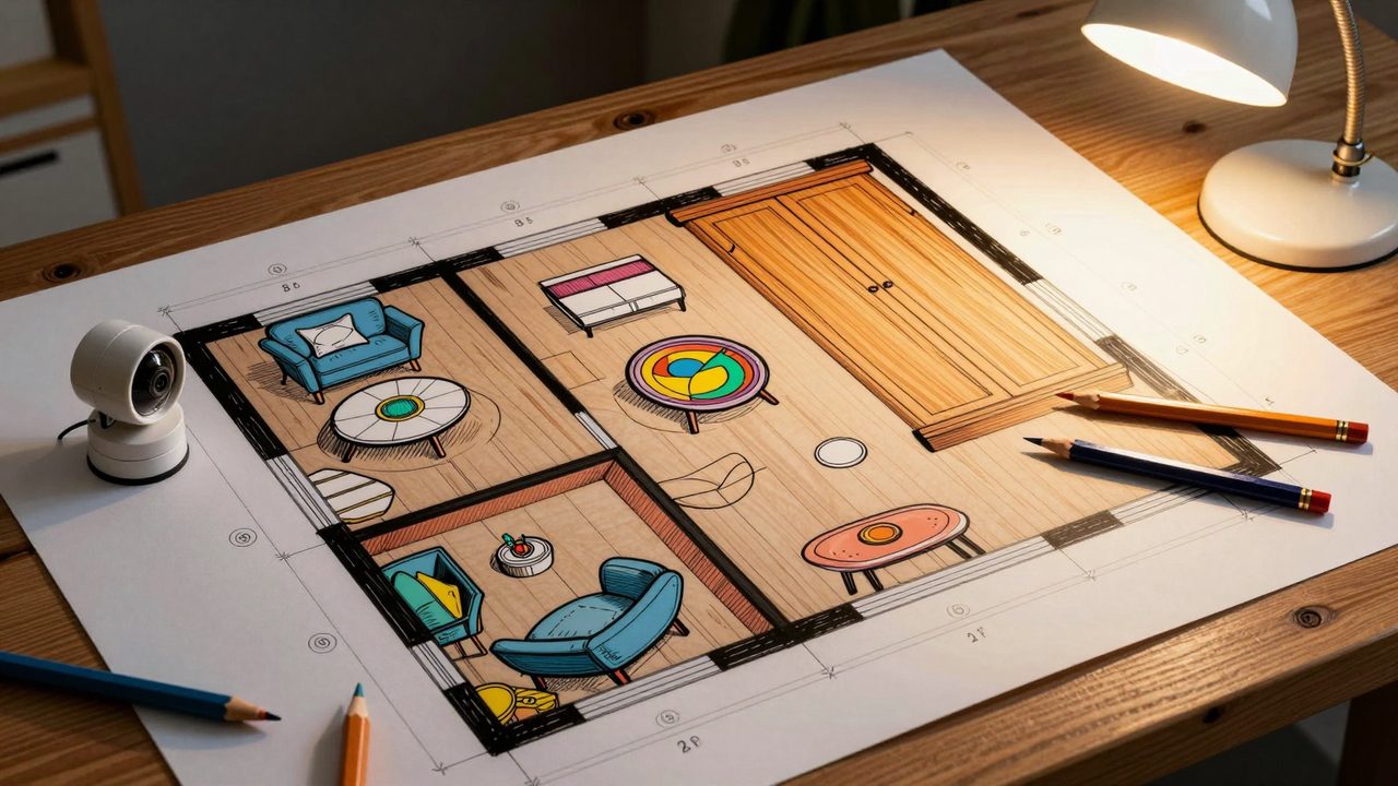 Ilustración de un plano de una casa sobre una mesa de madera, con muebles dibujados, lápices de colores y una pequeña cámara de seguridad justo donde va un armario