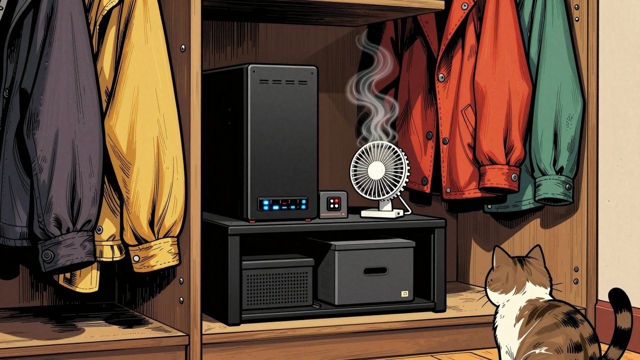 Ilustración de un pequeño rack de red escondido en un armario entre abrigos, con luces parpadeando, ondas de calor, un ventilador diminuto y un gato observando