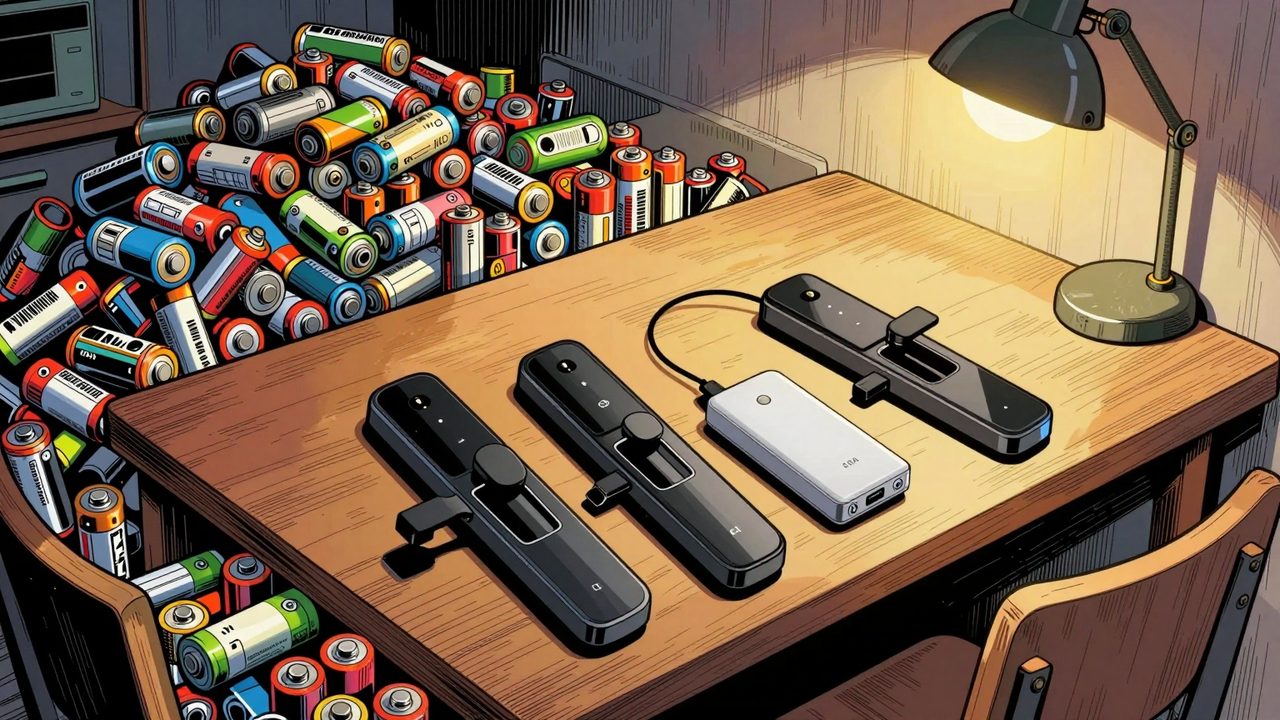 Ilustración de una mesa cubierta por una montaña de pilas gastadas junto a tres cerraduras inteligentes abiertas y una powerbank conectada a una de ellas