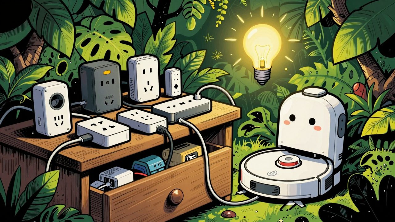 Ilustración de un cajón desordenado lleno de enchufes inteligentes y sensores olvidados, con un robot aspirador atascado al amanecer y una bombilla que se apaga sola