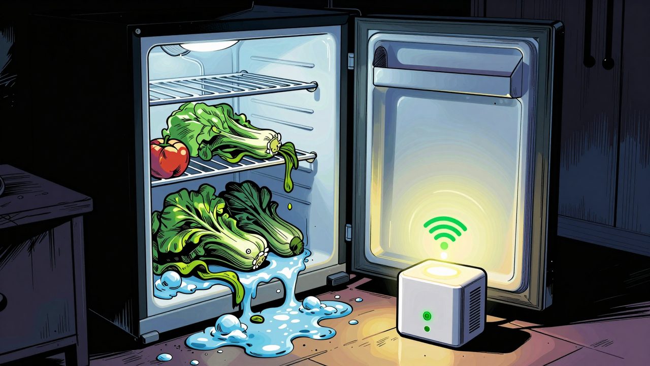 Ilustración de una casa a oscuras con la nevera abierta y la comida estropeada, mientras un pequeño SAI mantiene encendido un punto de acceso wifi