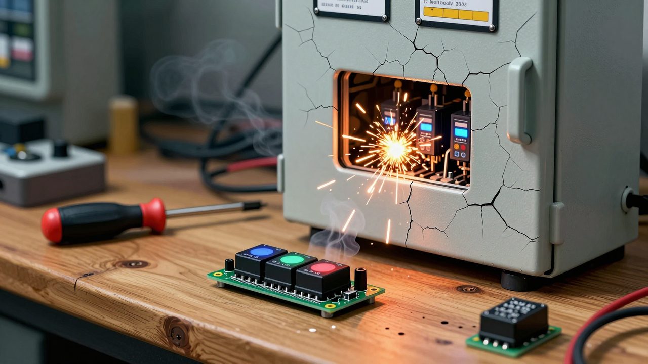 Ilustración de un pequeño relé inteligente sobre un banco de trabajo junto a un enorme armario eléctrico agrietado que echa chispas