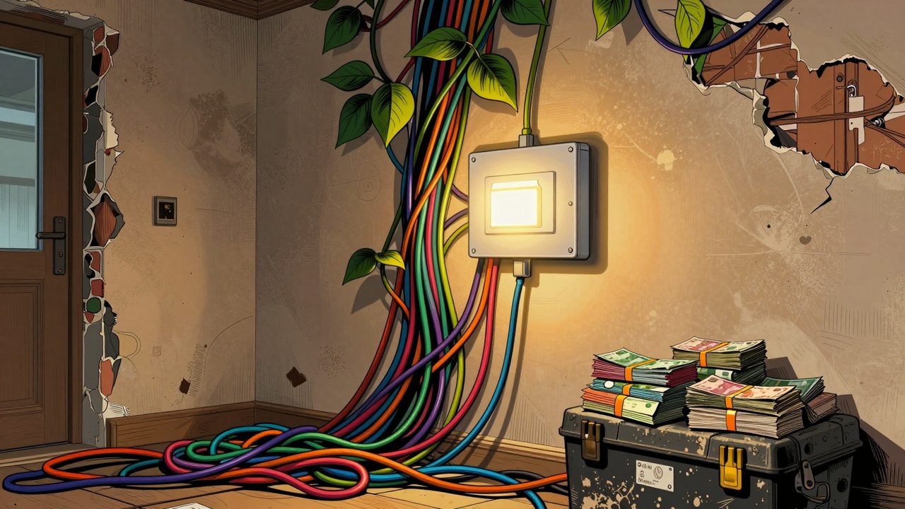 Ilustración de un salón en obras con las paredes abiertas, llenas de cables de colores, un panel táctil elegante y montones de billetes sobre una caja de herramientas