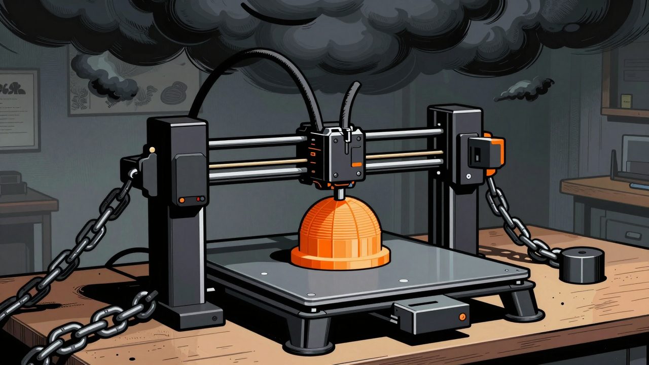 Ilustración de una impresora 3D encadenada a una nube oscura y tormentosa con una pieza naranja a medio imprimir