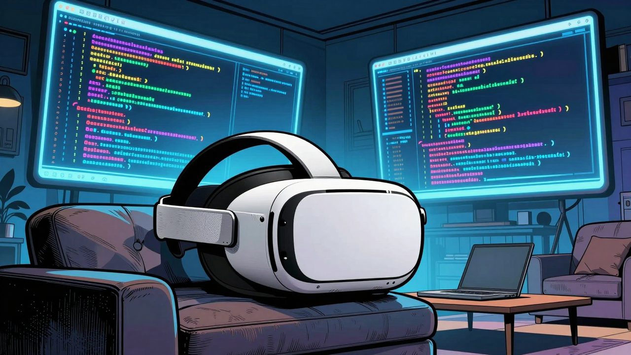 Ilustración de unas gafas de realidad virtual sobre un sofá, rodeadas de enormes pantallas flotantes con código junto a un portátil diminuto