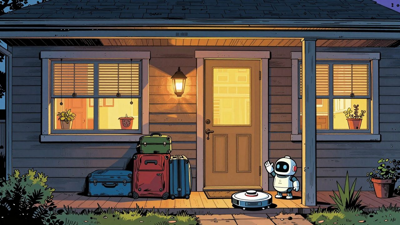 Ilustración de una casa al atardecer con luces encendidas y persianas a media altura, maletas junto a la puerta y un robot aspirador despidiéndose