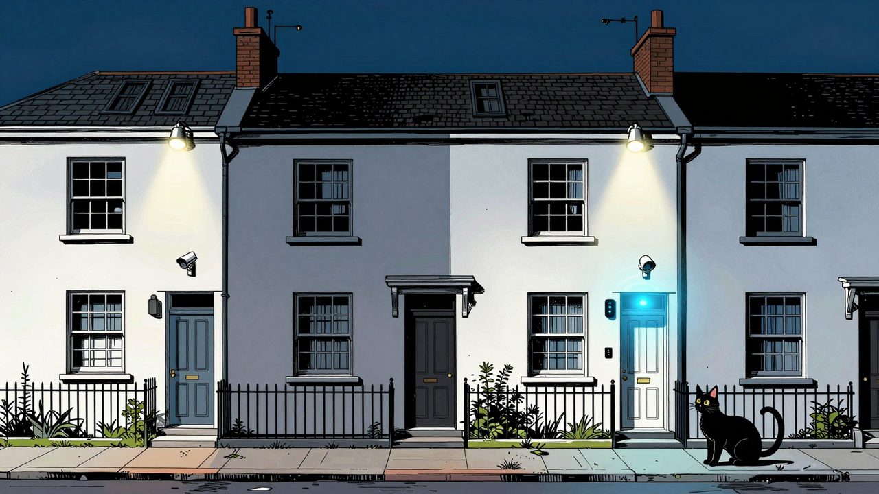 Ilustración de una hilera de casas iguales de noche en la que solo una está llena de cámaras y focos encendidos, mientras un gato negro pasa de largo