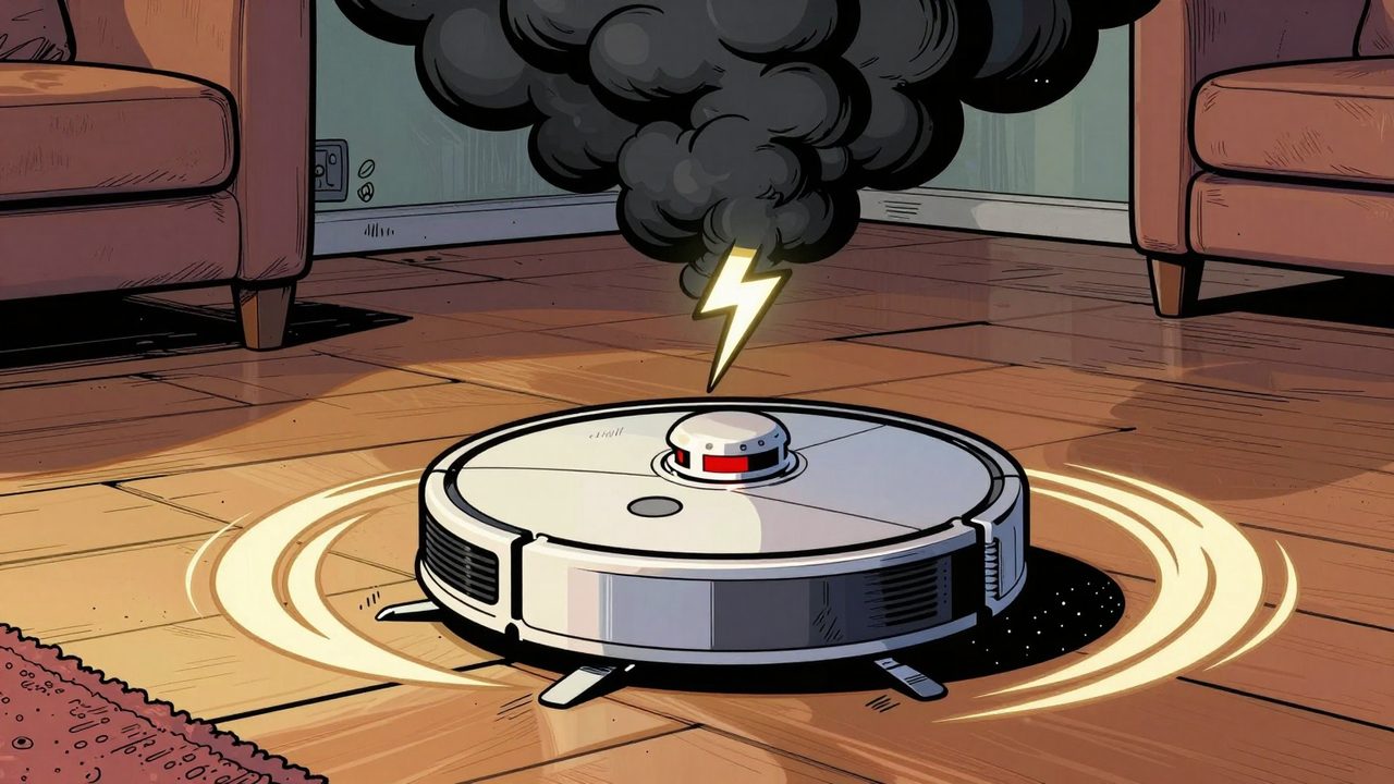 Ilustración de un robot aspirador dando vueltas en círculo bajo una pequeña nube de tormenta en un salón