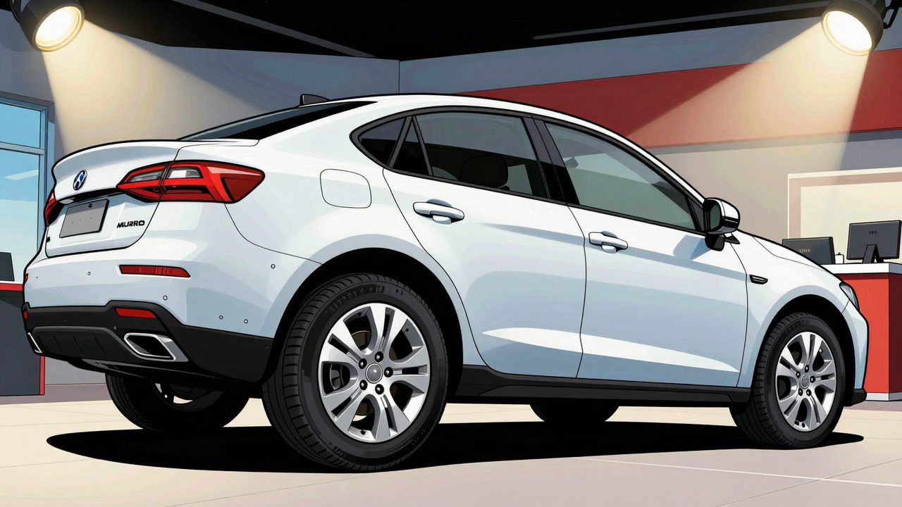 Ilustración de un coche nuevo en un concesionario con una rueda ridículamente pequeña y un candado en la puerta