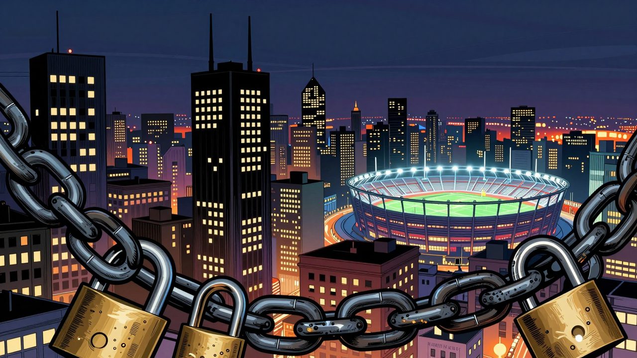Ilustración de una ciudad de noche con las ventanas y los routers apagados, un estadio de fútbol iluminado al fondo y cables de internet atados con cadenas y candados