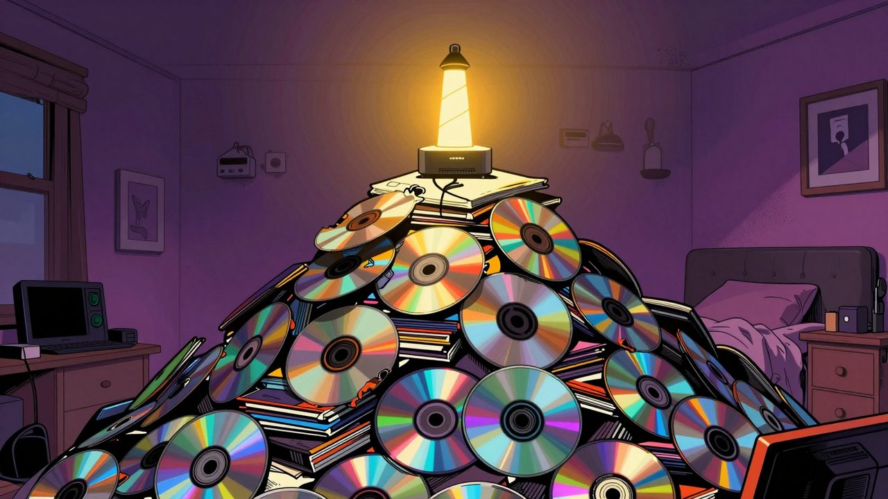 Ilustración de una montaña enorme de CD y DVD grabados en una habitación de los noventa, con un pequeño concentrador domótico brillando en la cima como un faro