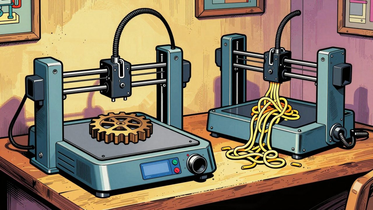 Ilustración de una impresora 3D moderna imprimiendo un engranaje perfecto junto a una vieja impresora casera de varillas roscadas que produce un amasijo de filamento