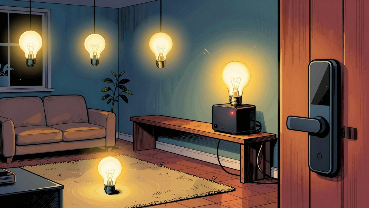 Ilustración de un salón vacío de noche con todas las luces encendidas, un mini PC apagado con una lucecita roja parpadeante en una estantería y una cerradura inteligente bloqueada