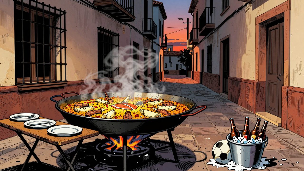 Ilustración de una calle estrecha al atardecer durante el apagón, con una paellera gigante humeando sobre mesas plegables, platos, cervezas en un cubo con hielo y un balón olvidado