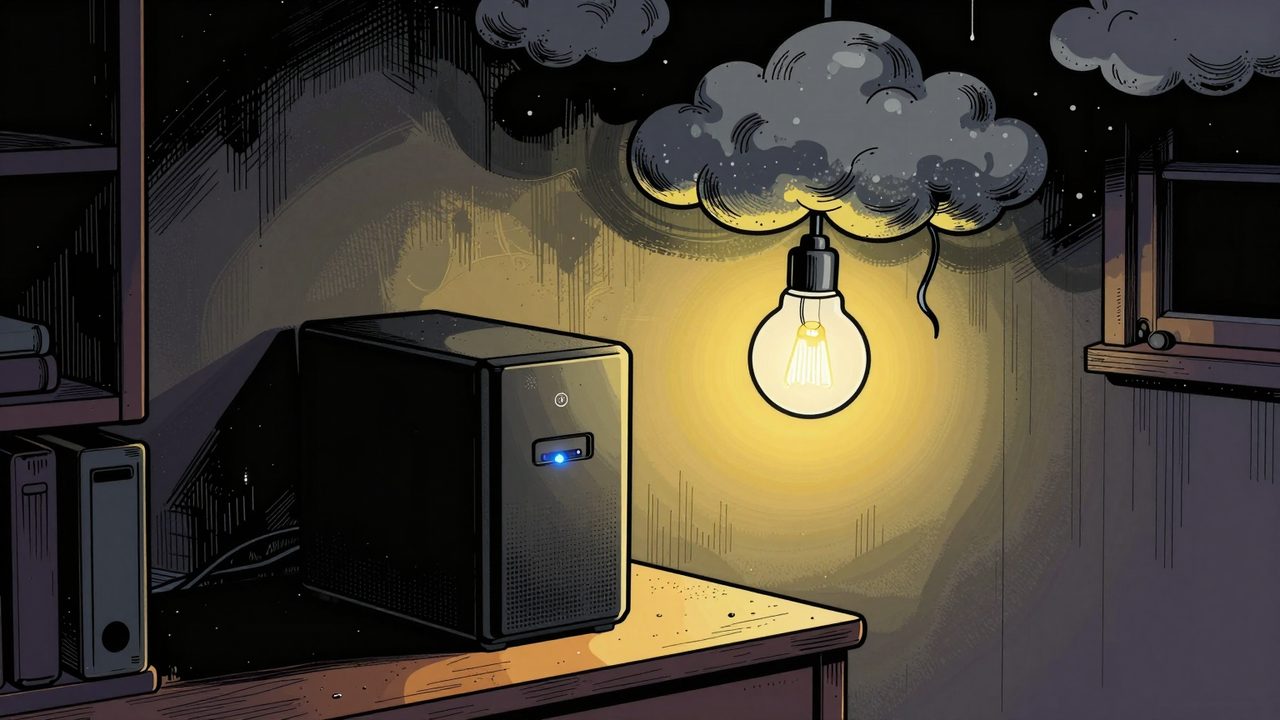 Ilustración de un piso a oscuras donde un pequeño servidor local mantiene las lámparas encendidas mientras una bombilla conectada a la nube cuelga apagada bajo una nube tormentosa con un cable roto