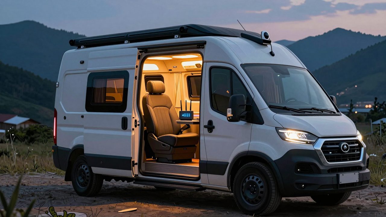 Ilustración de una furgoneta camper aparcada al atardecer, llena de aparatos domóticos: router con luces, altavoz inteligente, sensores en las puertas y una cámara en el techo