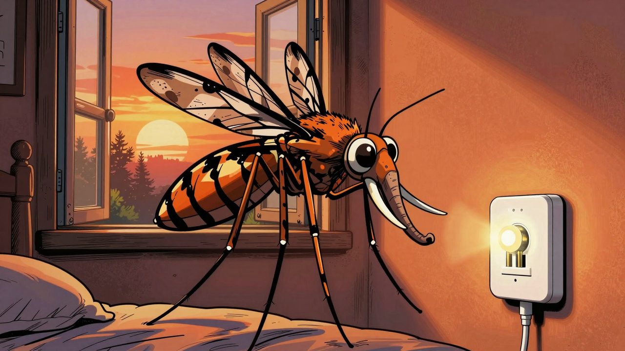 Ilustración de un mosquito tigre gigante, del tamaño de un elefante, frente a un pequeño difusor antimosquitos enchufado a un enchufe inteligente al atardecer