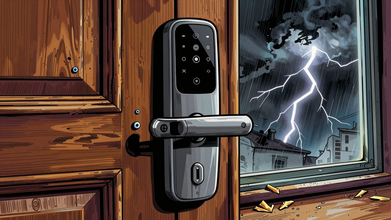 Ilustración de una cerradura inteligente mal instalada en una puerta antigua de madera, con tornillos sueltos y una tormenta dramática al fondo