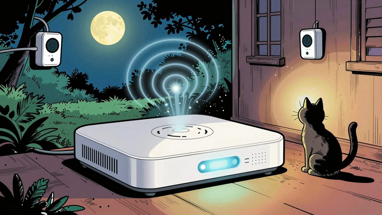 Ilustración de una central de alarma blanca en un sótano que envía ondas de radio a sensores repartidos por la casa y el jardín, con un gato observando uno de ellos