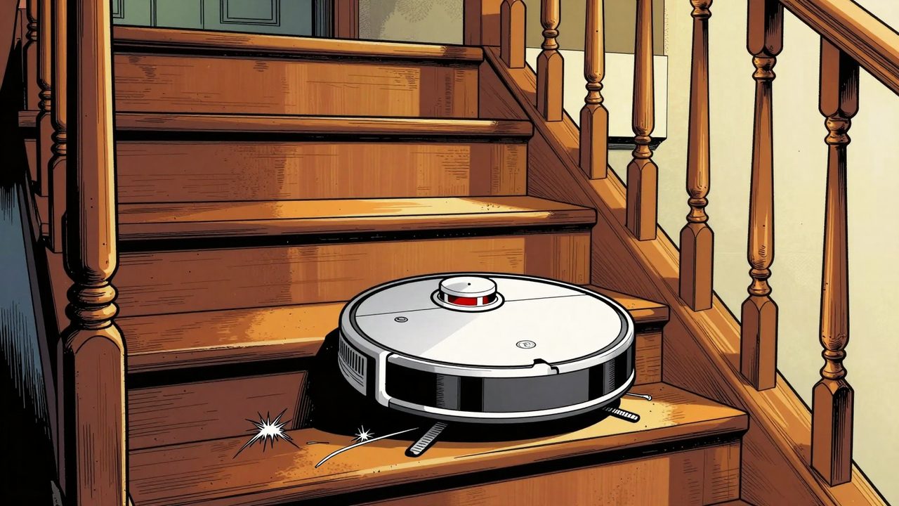 Ilustración de un robot aspirador subiendo una escalera de madera mientras un gato lo observa desde el rellano