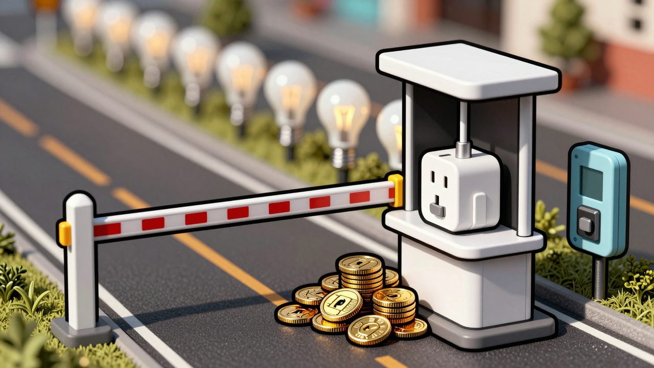 Ilustración de un enchufe inteligente esperando en un peaje en miniatura con monedas de oro, seguido de una cola de bombillas y sensores