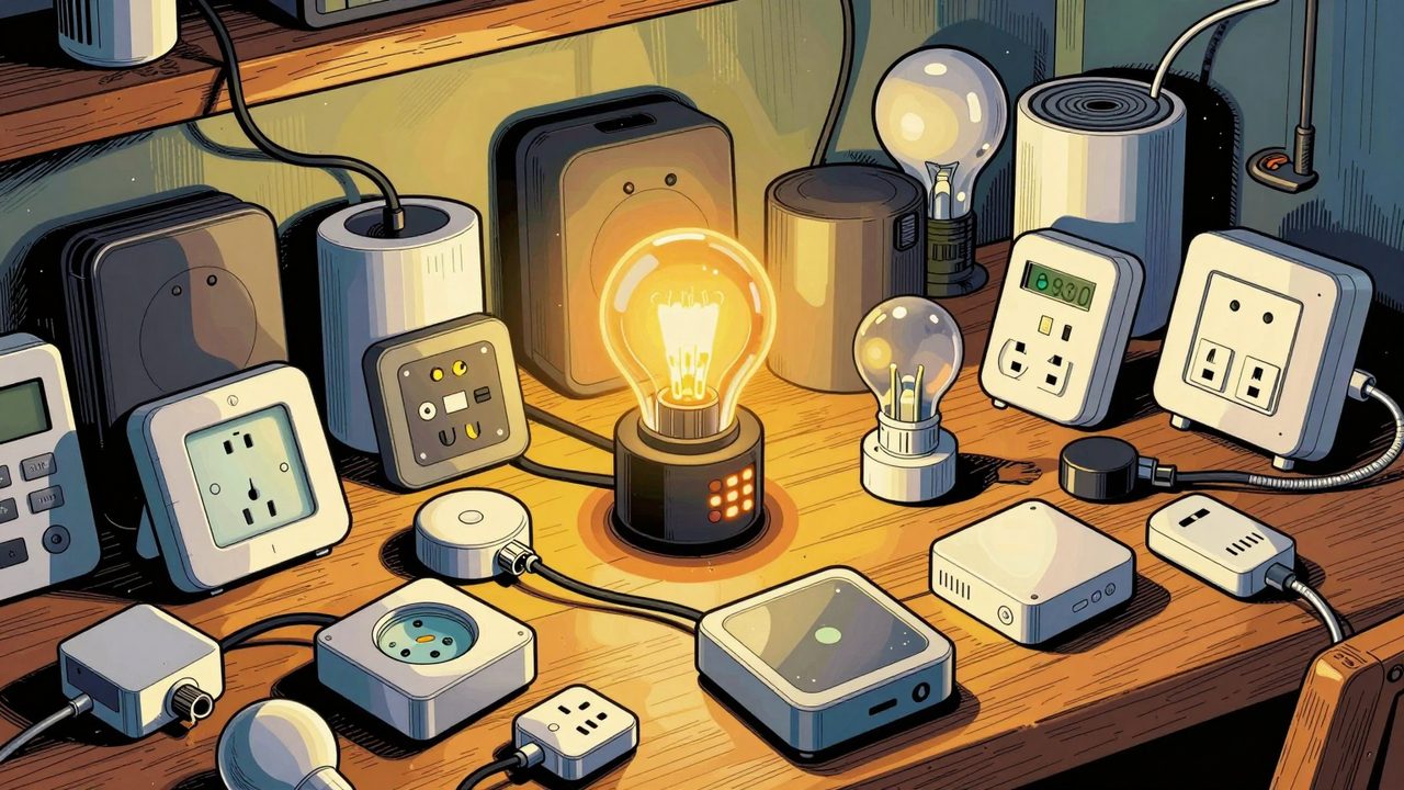 Ilustración de un banco de trabajo lleno de dispositivos domóticos de distintas generaciones con conectores incompatibles enredados alrededor de un pequeño hub con luces de aviso