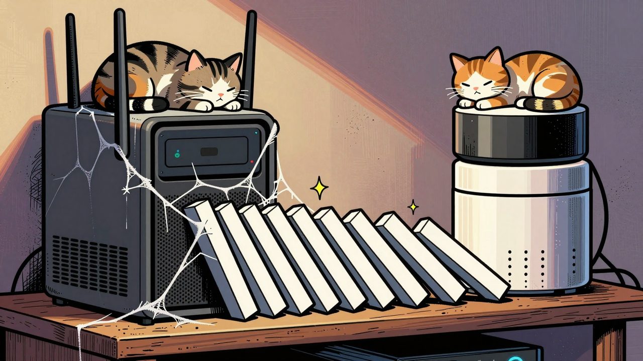 Ilustración de un servidor y un router polvorientos cubiertos de telarañas con un gato dormido encima, mientras una torre de dispositivos domóticos se derrumba como fichas de dominó