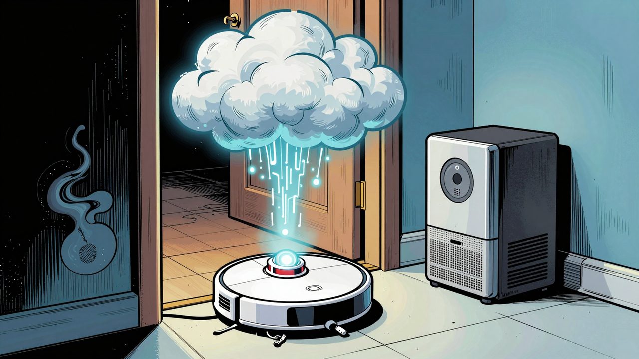 Ilustración de un robot aspirador asomándose a un baño lleno de vapor, con una nube de datos sobre la casa y un pequeño servidor doméstico