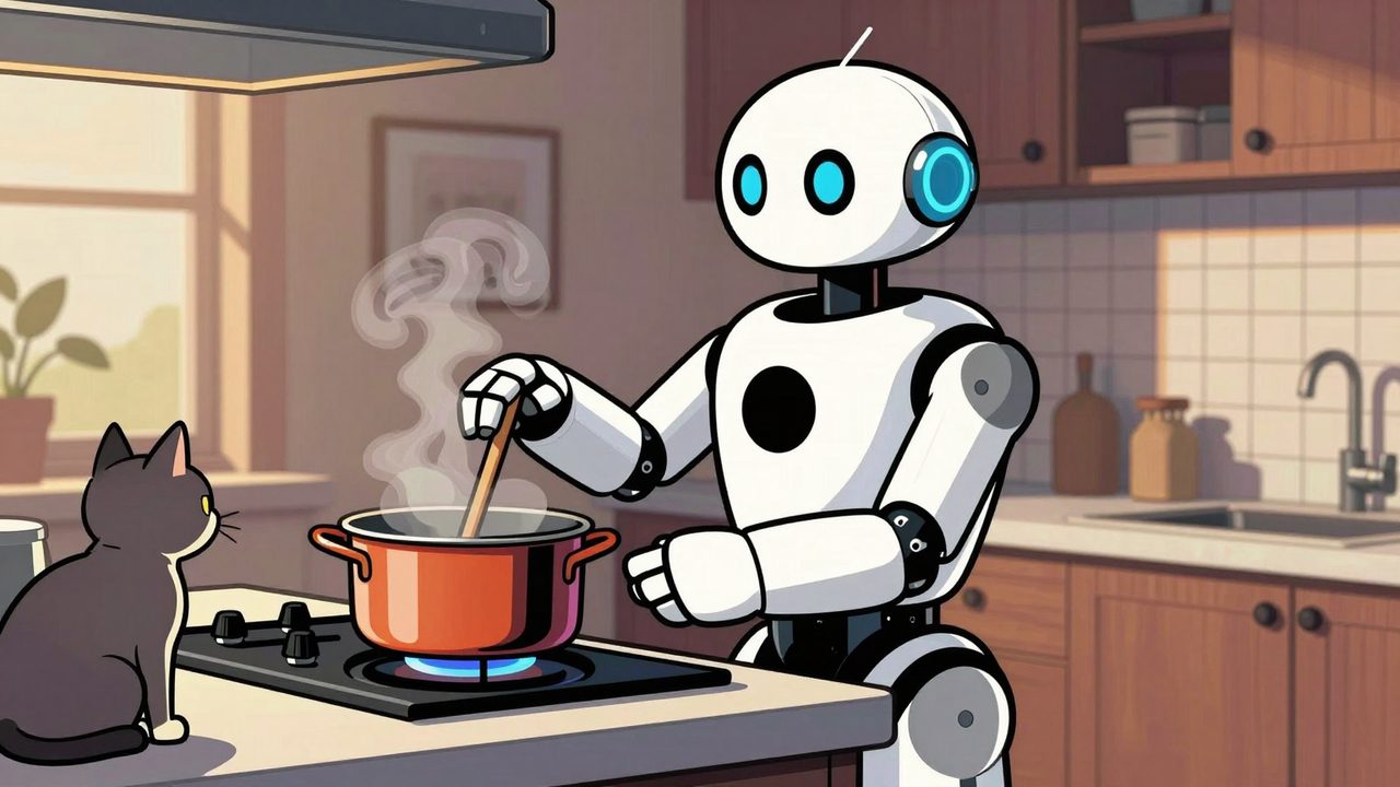 Ilustración de un robot doméstico cocinando en una cocina acogedora mientras un gato lo observa con desconfianza