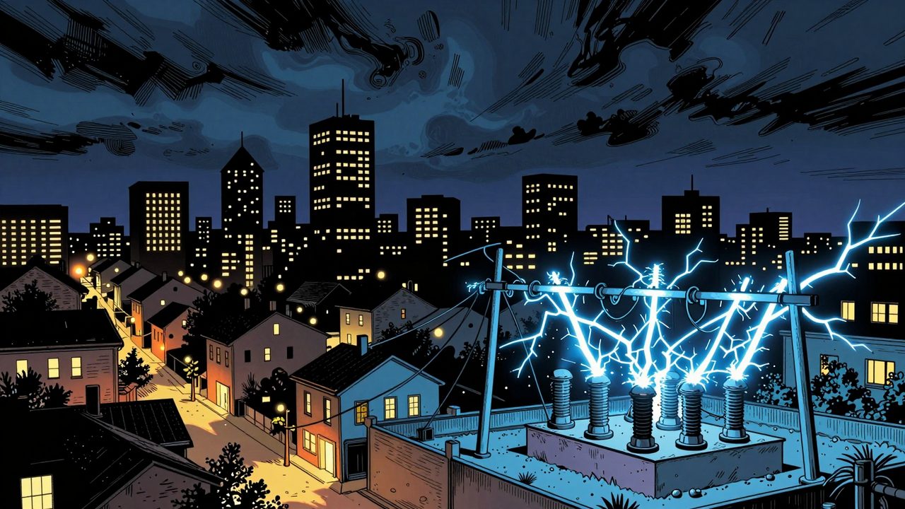 Ilustración de una ciudad a oscuras durante un apagón, con un solo barrio recuperando la luz y una subestación eléctrica lanzando chispas azules