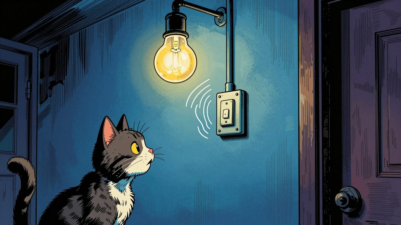 Ilustración de un pasillo nocturno con una bombilla parpadeante y un módulo de pared que zumba mientras un gato sorprendido mira la pared