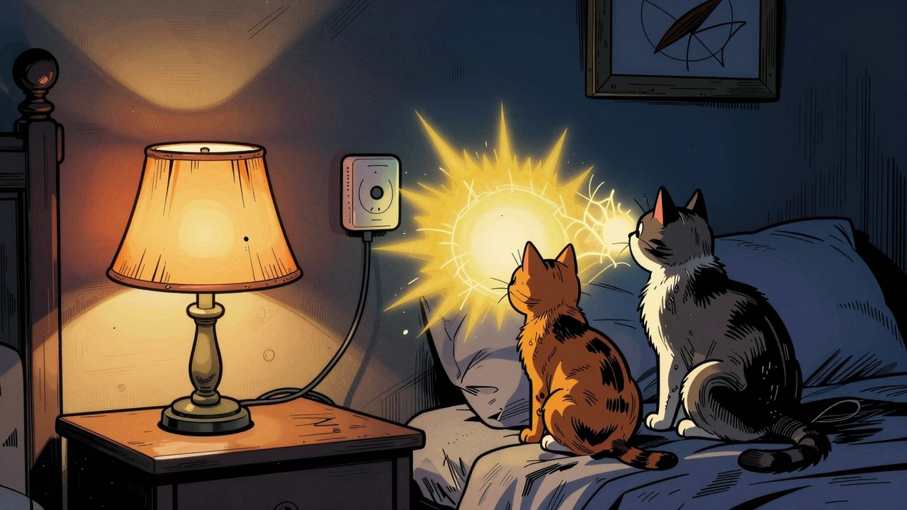 Ilustración de un dormitorio a oscuras donde dos gatos activan sin querer las lámparas de las mesillas con un sensor de movimiento