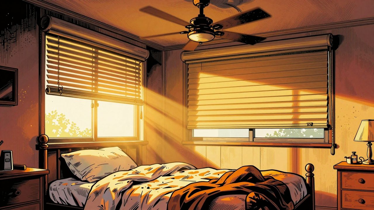 Ilustración de un dormitorio al amanecer con la persiana subiendo sola, el sol entrando sobre una cama deshecha y un ventilador de techo girando
