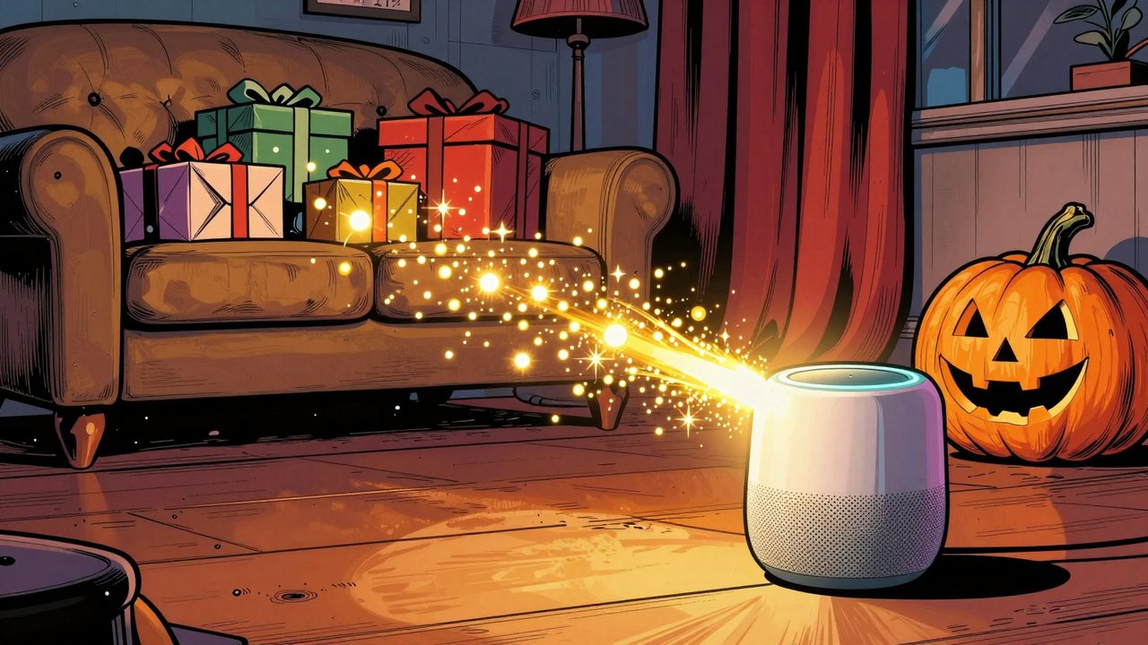 Ilustración de un altavoz inteligente que marca con un rastro de luces doradas el camino hacia regalos escondidos en un salón decorado, con una calabaza sonriente al lado