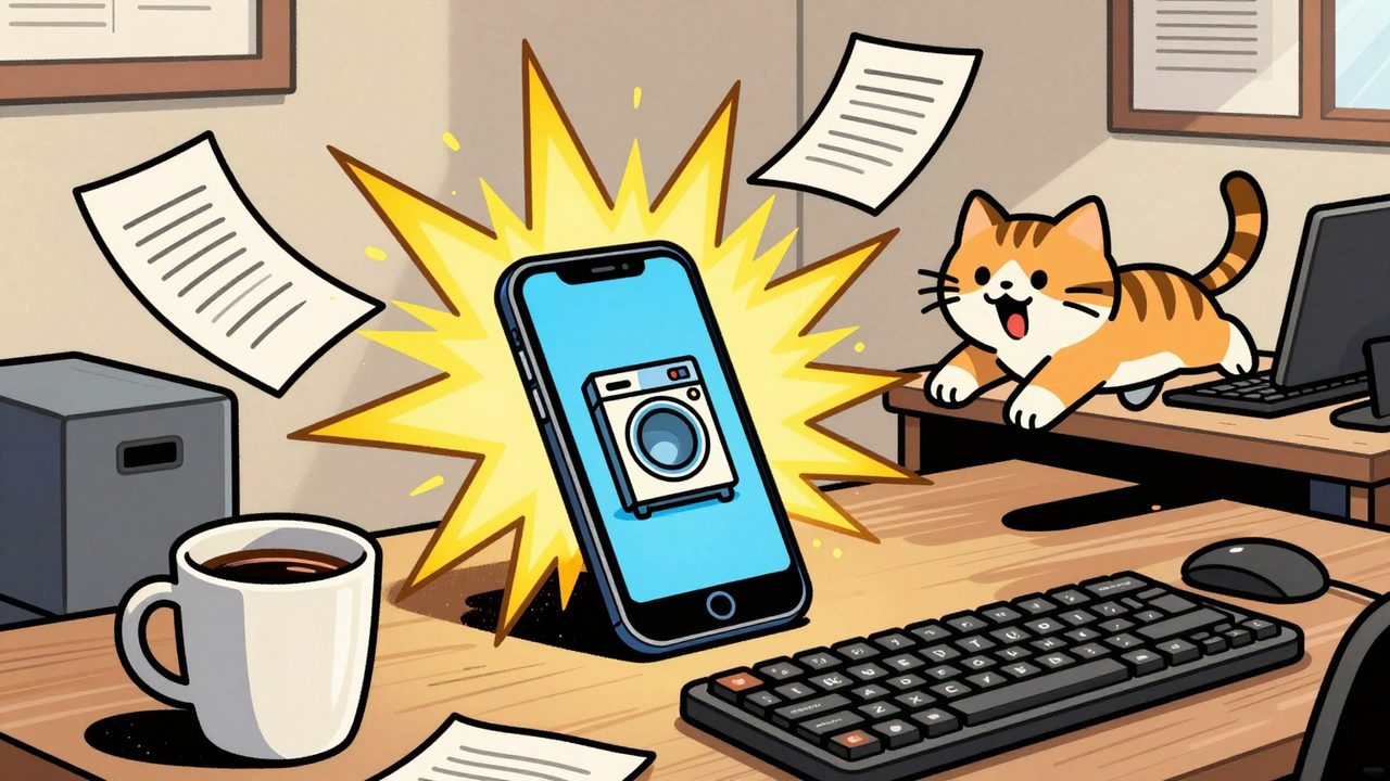 Ilustración de un móvil sobre una mesa de oficina que suelta a todo volumen el aviso de la lavadora, con papeles volando y un gato que salta asustado